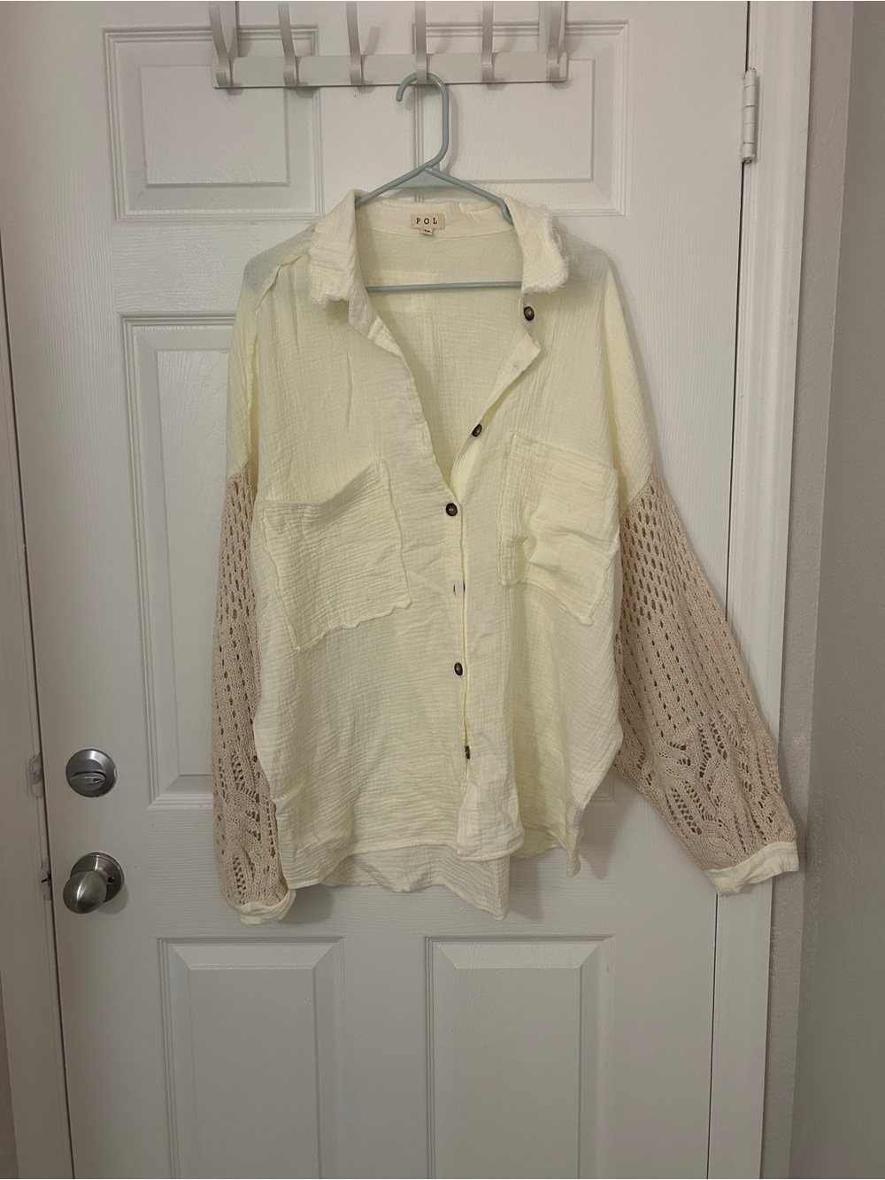 POL Cream Button-Down with Beige Crochet Sleeves